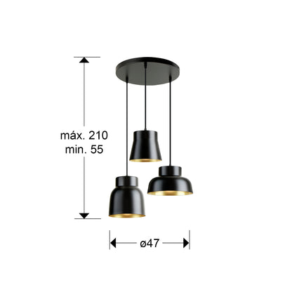 Plano con medidas de Lámpara Colgante Vulcano 3 Luces Negro y Oro Schuller