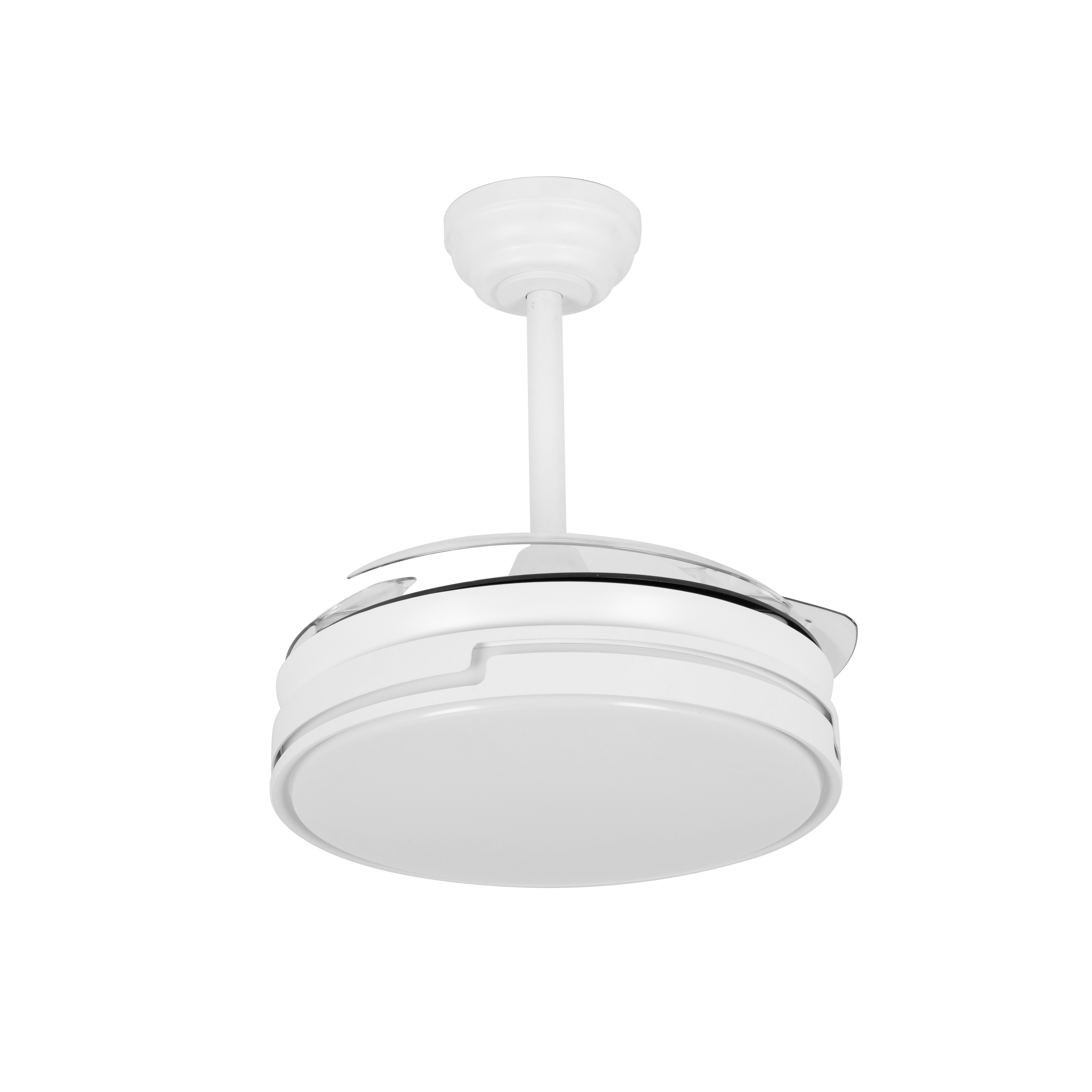 Ventilador DC Papiro Mini 59W Blanco con aspas desplegables, mando a distancia y luz LED integrada.