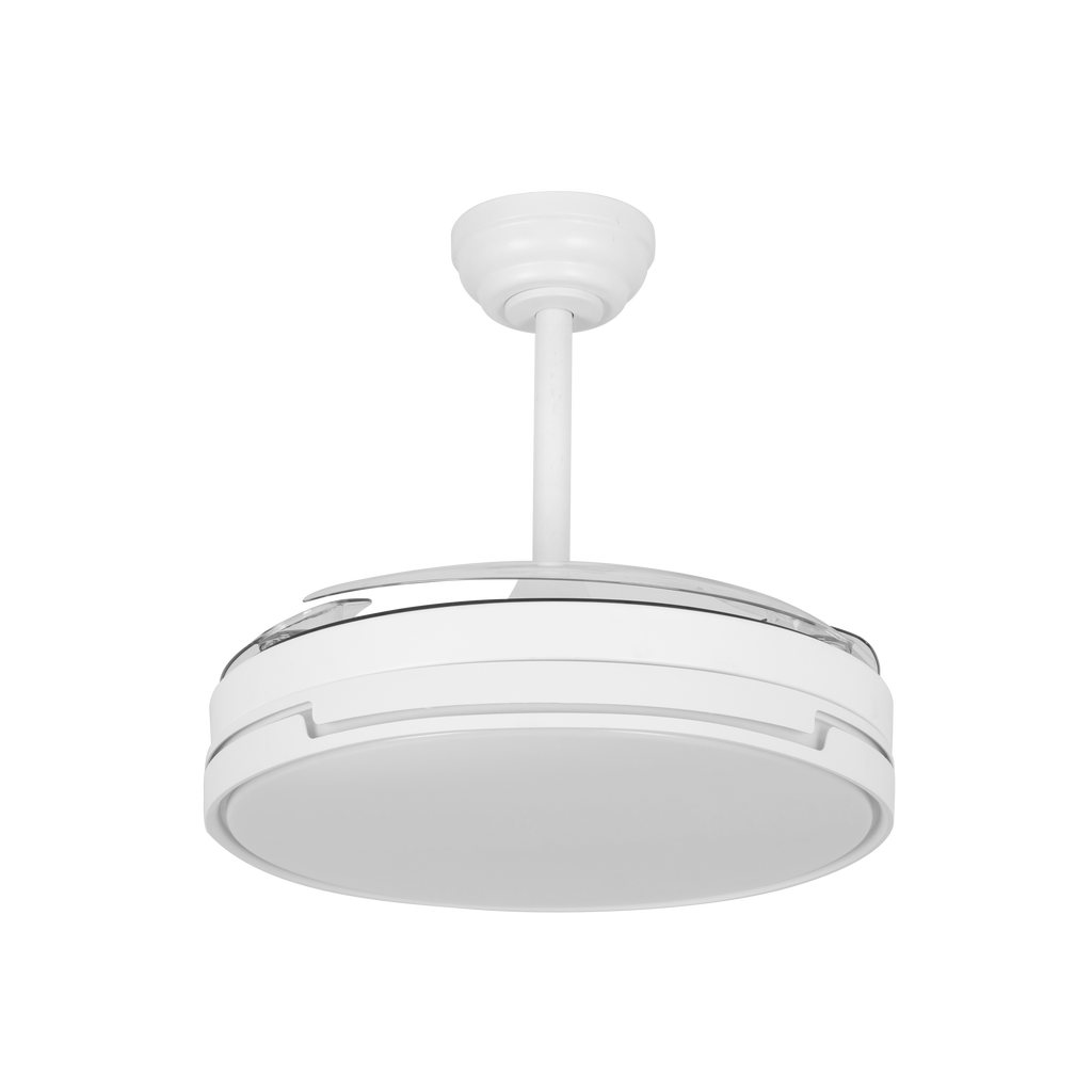 Ventilador Papiro DC 59W Blanco, vista frontal con aspas desplegadas, Fabrilamp