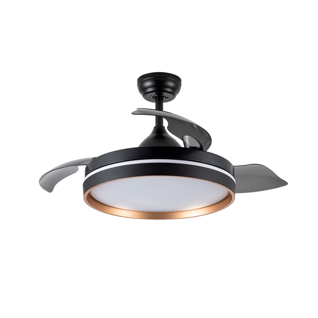 Ventilador de techo Nalon 72W negro y oro, vista general, 3 aspas plegables, luzguru.com