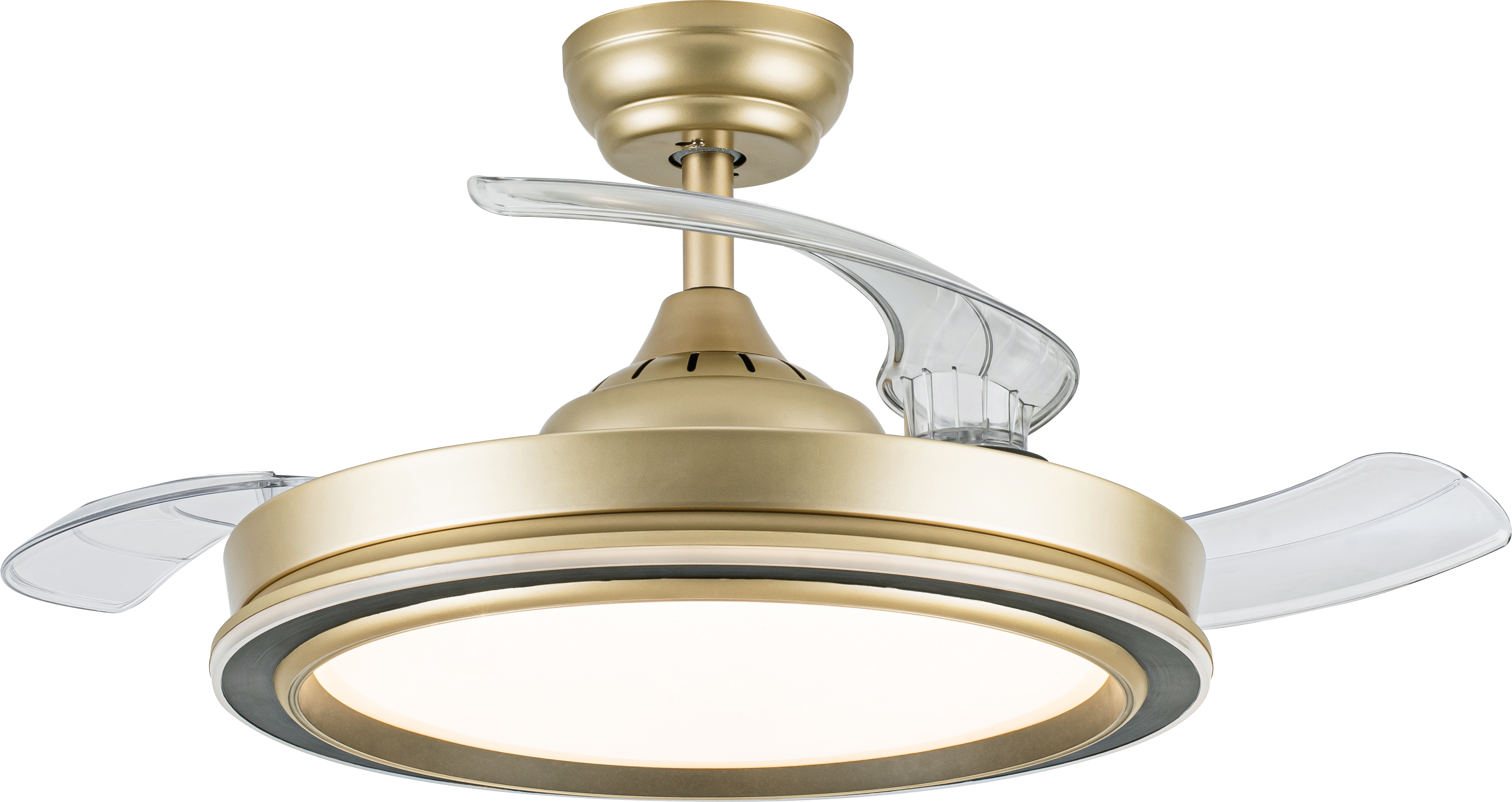 Ventilador de techo Picolo Oro/Negro de Fabrilamp con aspas retráctiles, iluminación LED y mando a distancia.