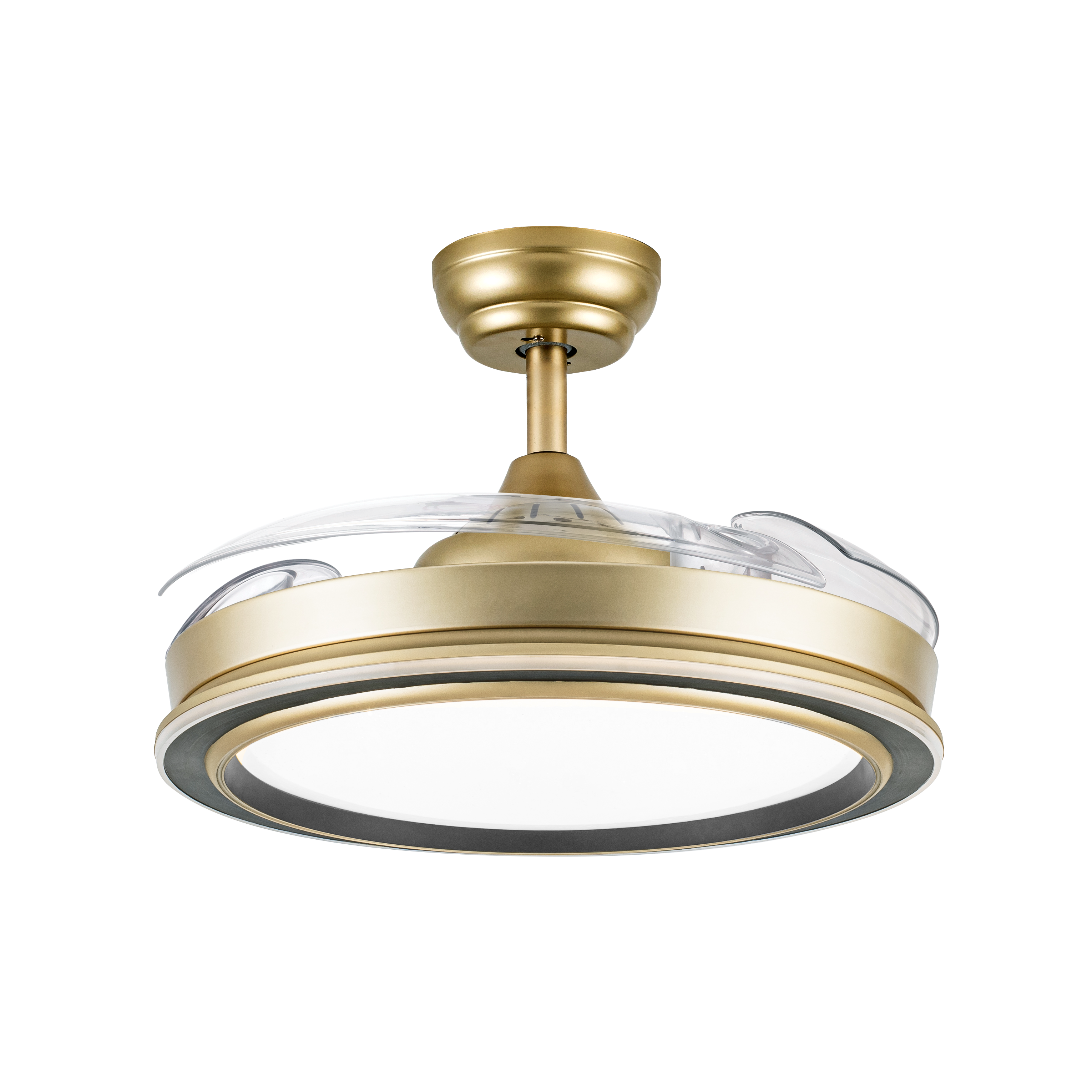 Ventilador de techo Picolo Oro/Negro de Fabrilamp con aspas retráctiles, iluminación LED y mando a distancia.