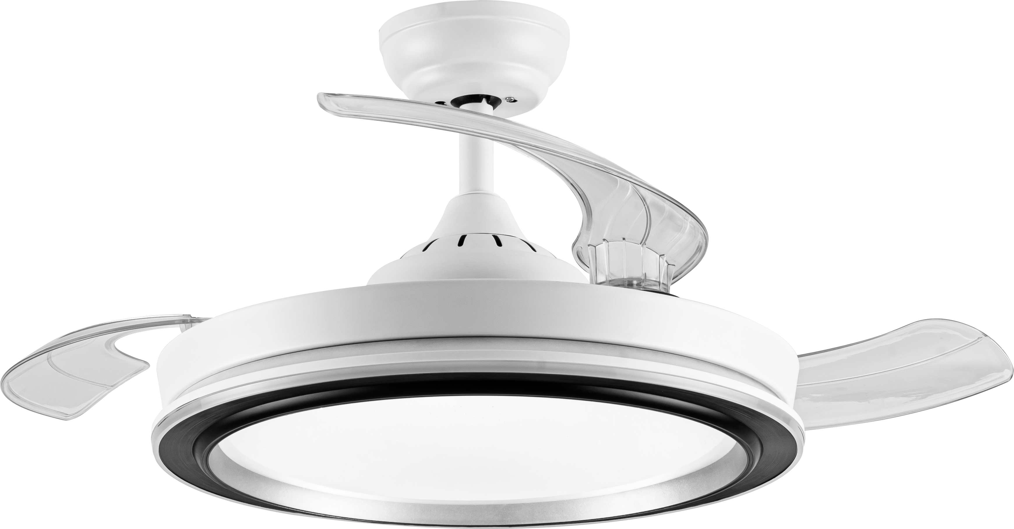 Ventilador de techo Picolo 72W Fabrilamp, vista frontal, blanco y negro, aspas retractiles.