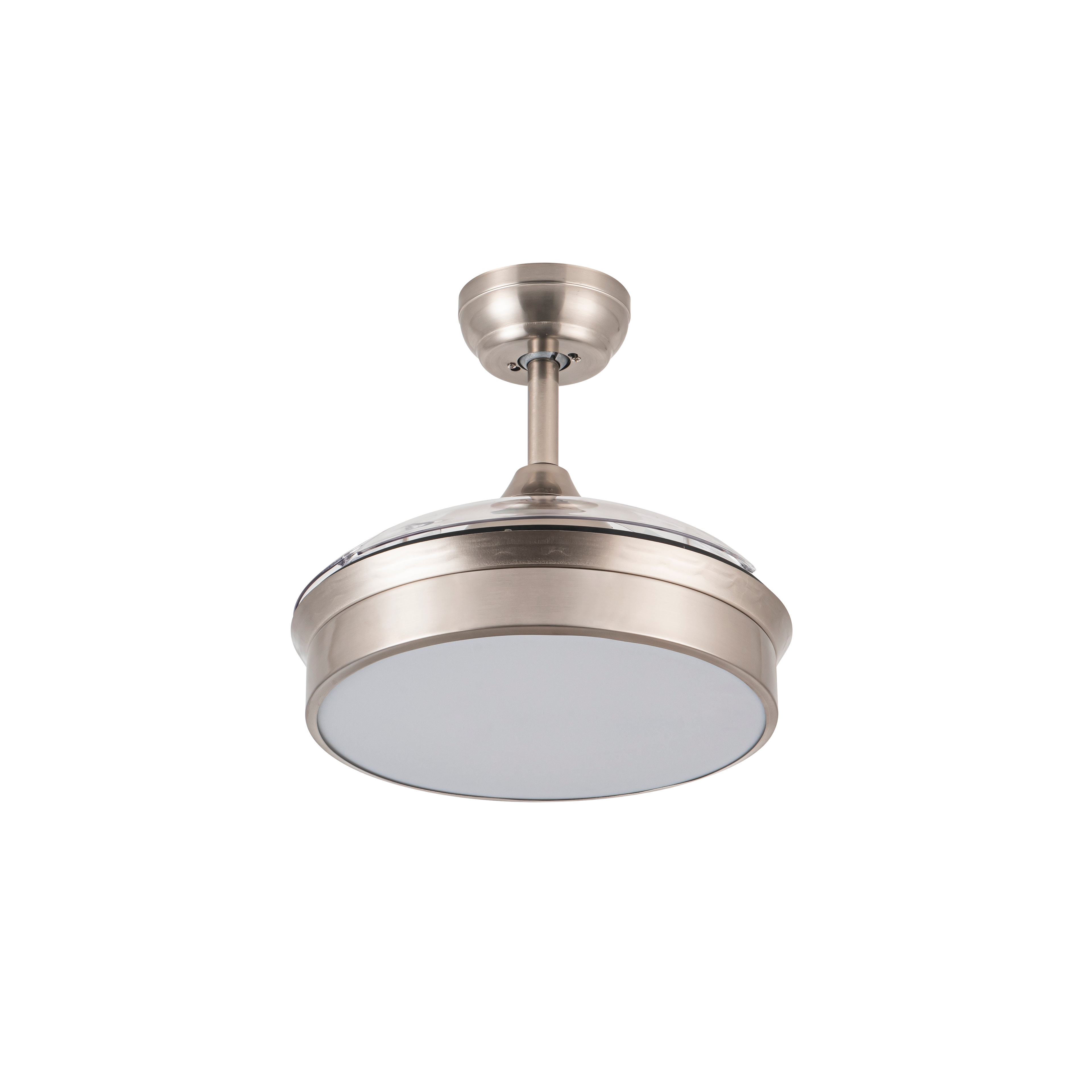 Ventilador de techo Cala Níquel de Fabrilamp con aspas retráctiles, mostrando su diseño elegante y moderno.