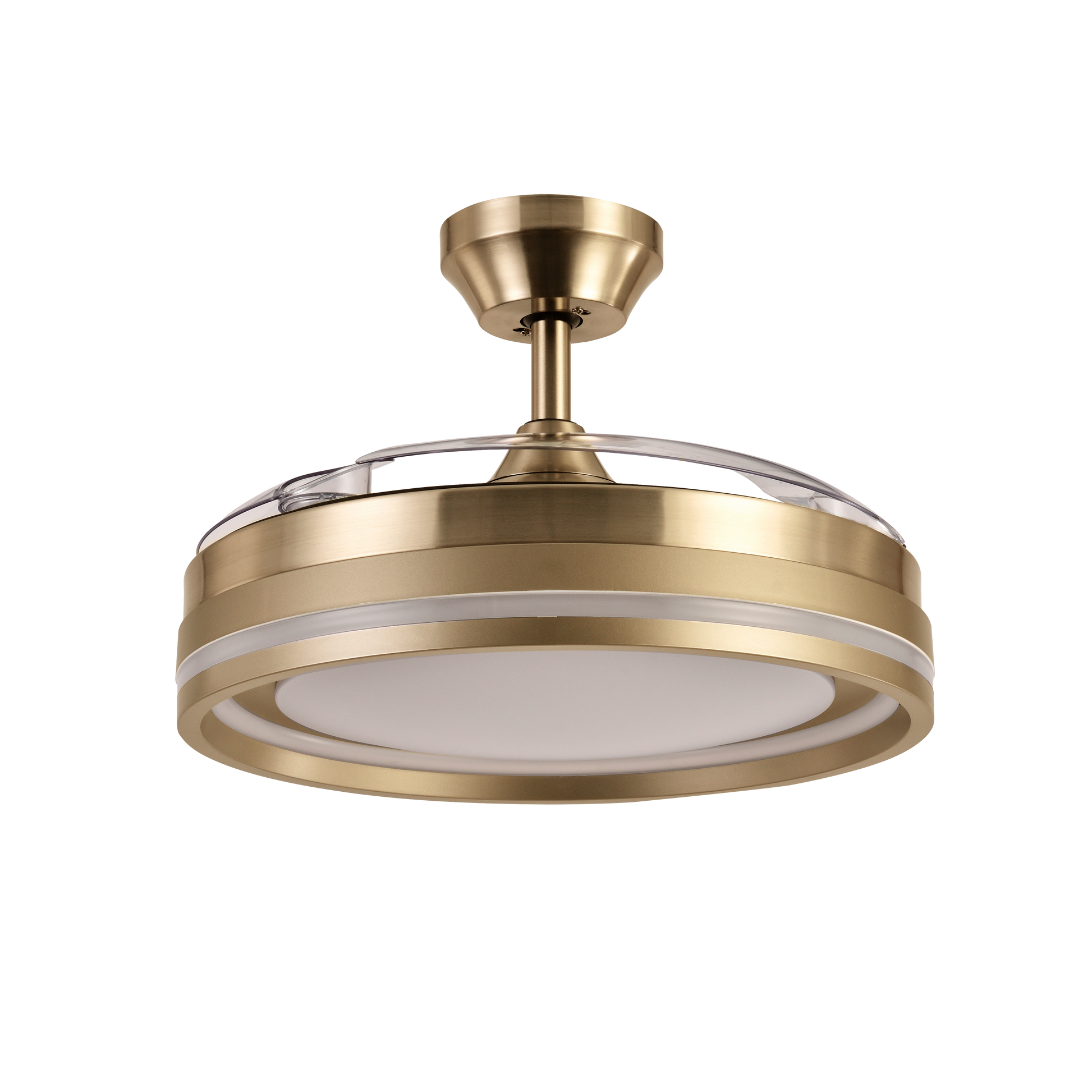 Ventilador de techo Cerrato Cuero de Fabrilamp con aspas desplegables, mostrando su diseño elegante y moderno.