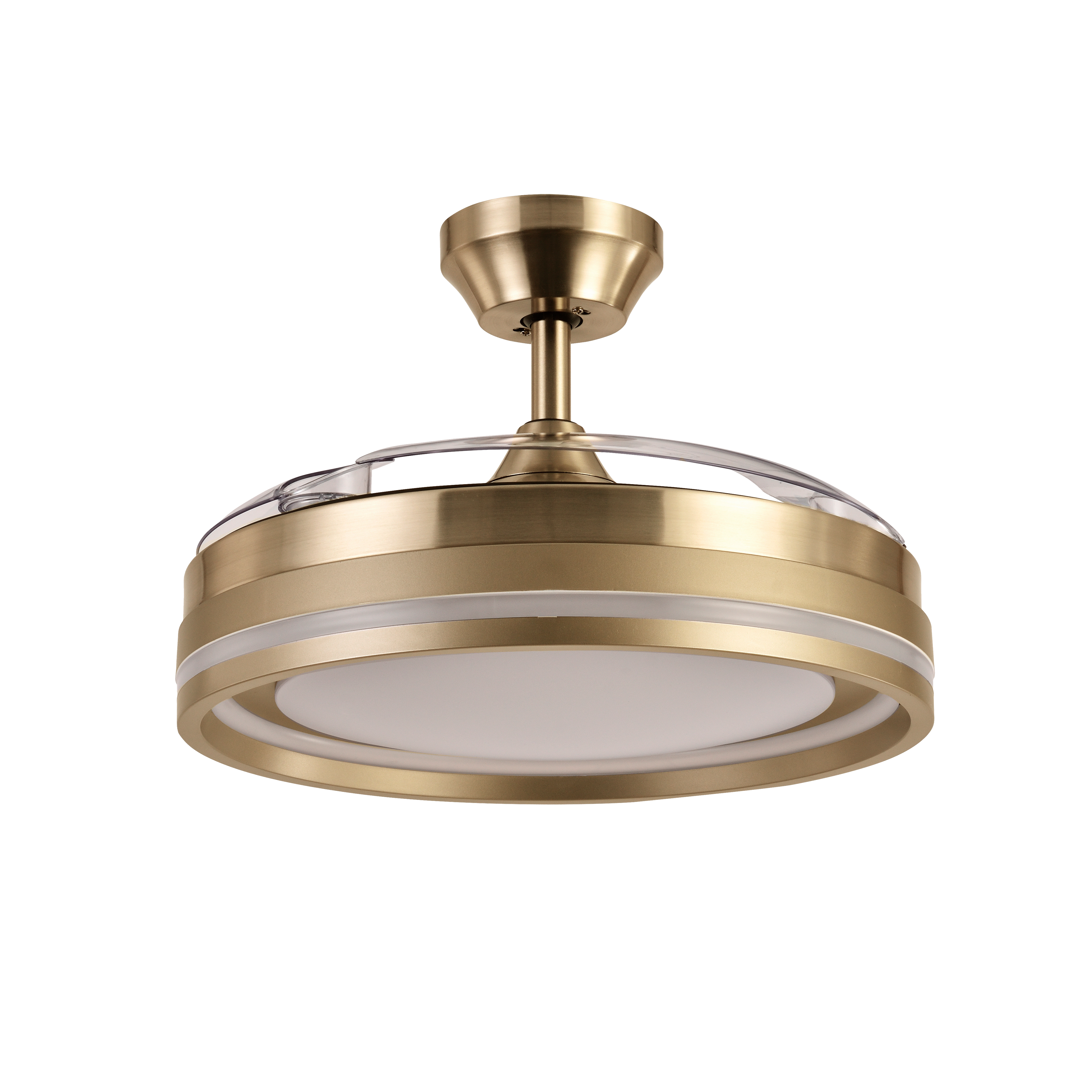 Ventilador de techo Cerrato Cuero de Fabrilamp con aspas desplegables, mostrando su diseño elegante y moderno.