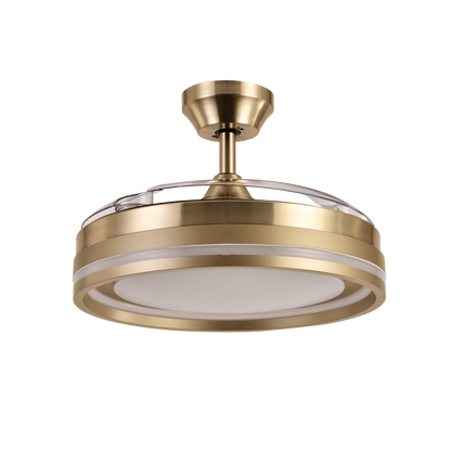 Ventilador de techo Cerrato Cuero de Fabrilamp con aspas desplegables, mostrando su diseño elegante y moderno.