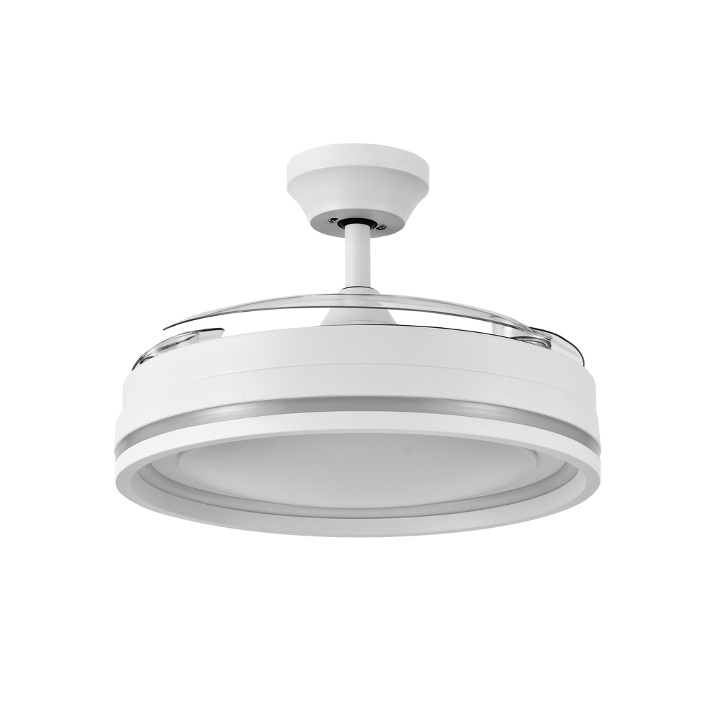 Ventilador de techo Cerrato blanco con aspas desplegables, vista frontal