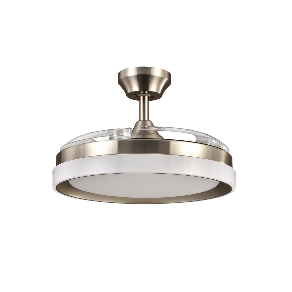 Ventilador de techo Zenit Níquel Fabrilamp, vista frontal con aspas desplegadas.