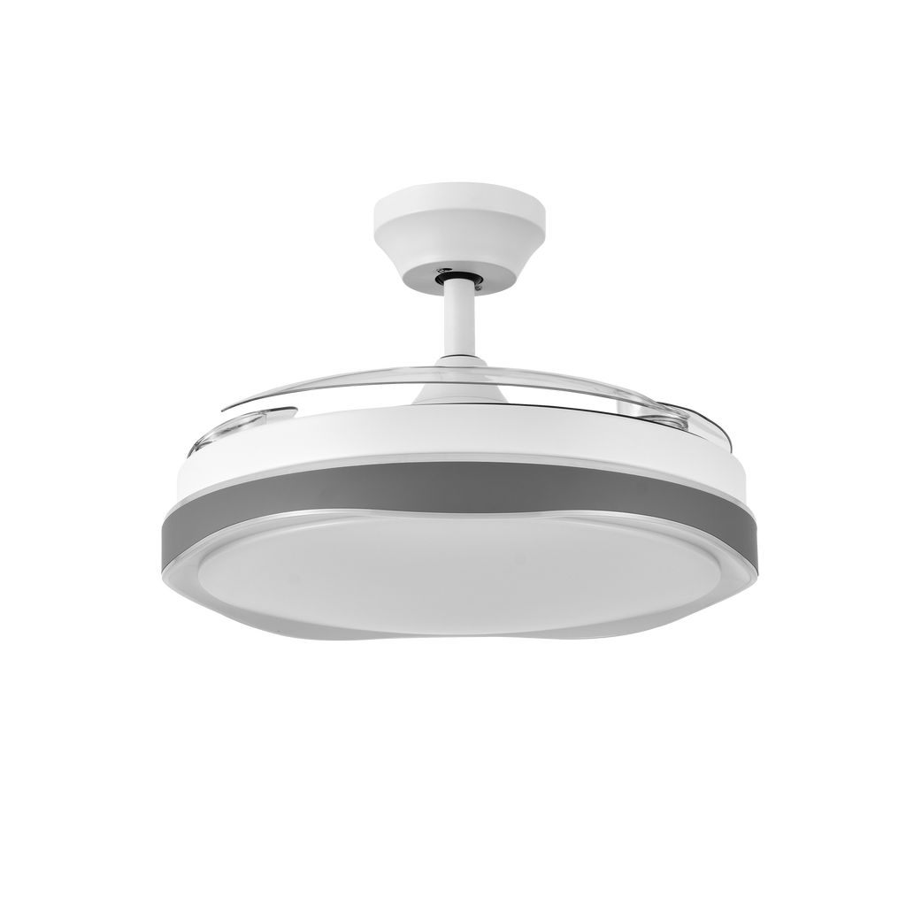 Ventilador de techo Blondie blanco/gris con aspas retráctiles, iluminación LED y mando a distancia.