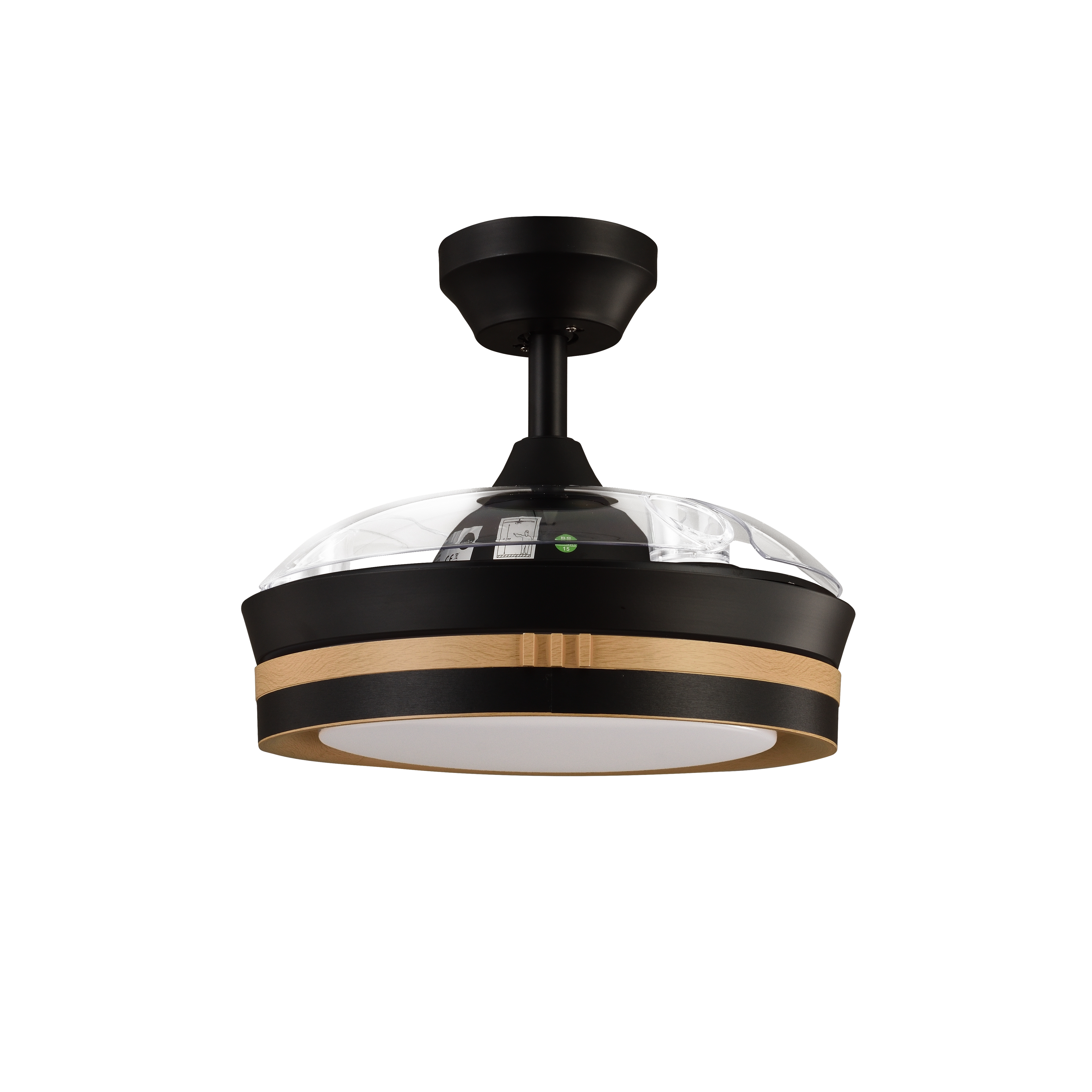 Ventilador de techo Viper Negro/Madera de Fabrilamp, vista frontal con aspas desplegadas.