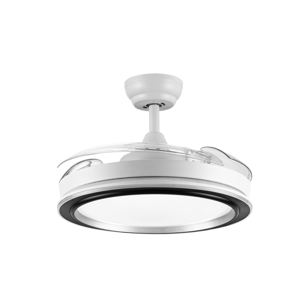 Ventilador de techo Picolo 72W Fabrilamp, vista frontal, blanco y negro, aspas retractiles.