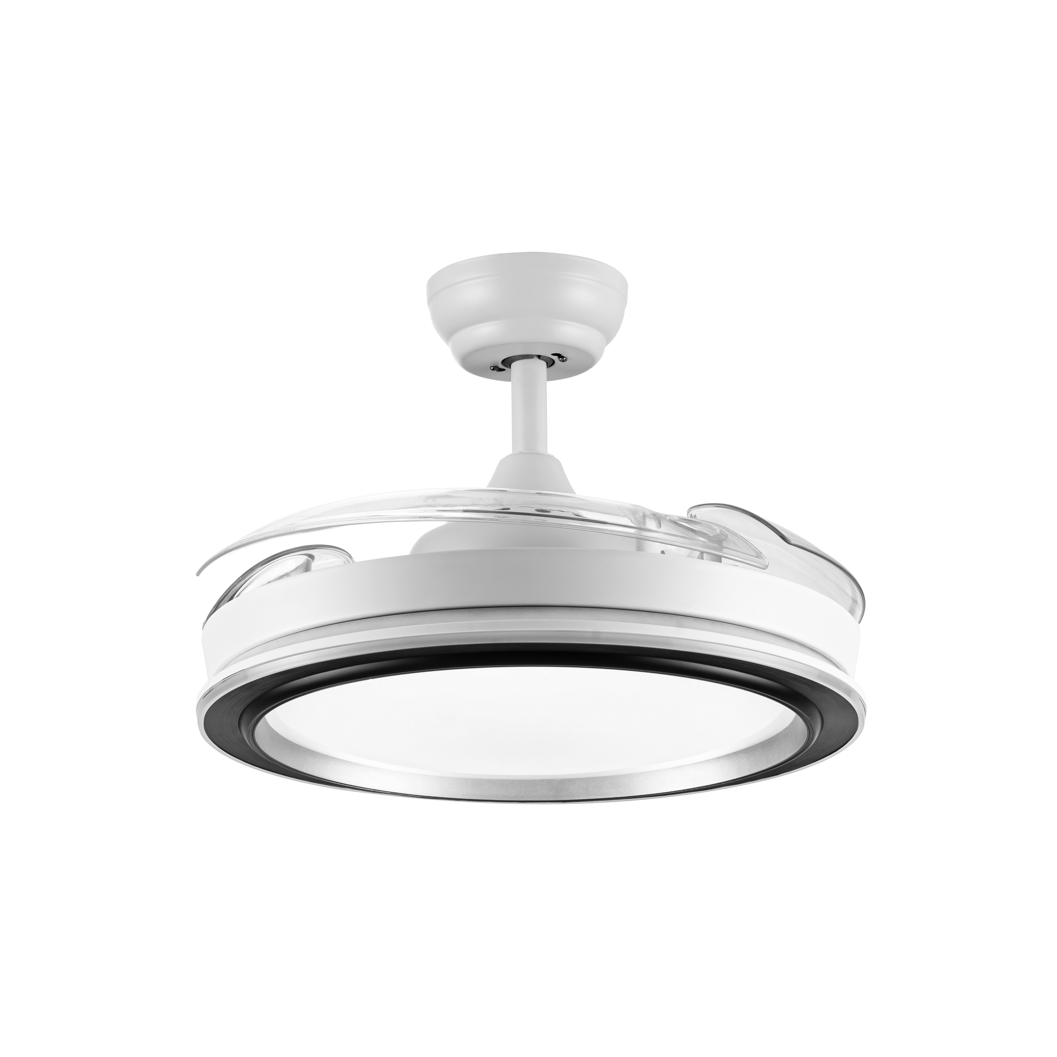 Ventilador de techo Picolo 72W Fabrilamp, vista frontal, blanco y negro, aspas retractiles.