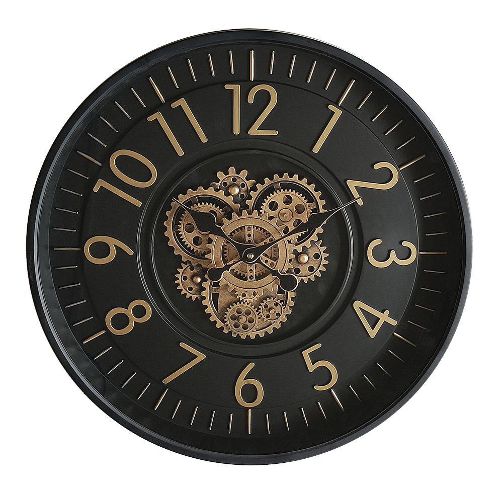 Reloj de pared Lacio Oro/Negro de Fabrilamp, 46x46x8cm, con engranajes visibles.