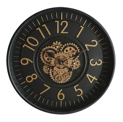 Reloj de pared Lacio Oro/Negro de Fabrilamp, 46x46x8cm, con engranajes visibles.