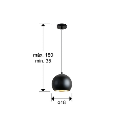 Plano con medidas de Lámpara Colgante Olena 1 Luz Negro Mate y Oro Schuller