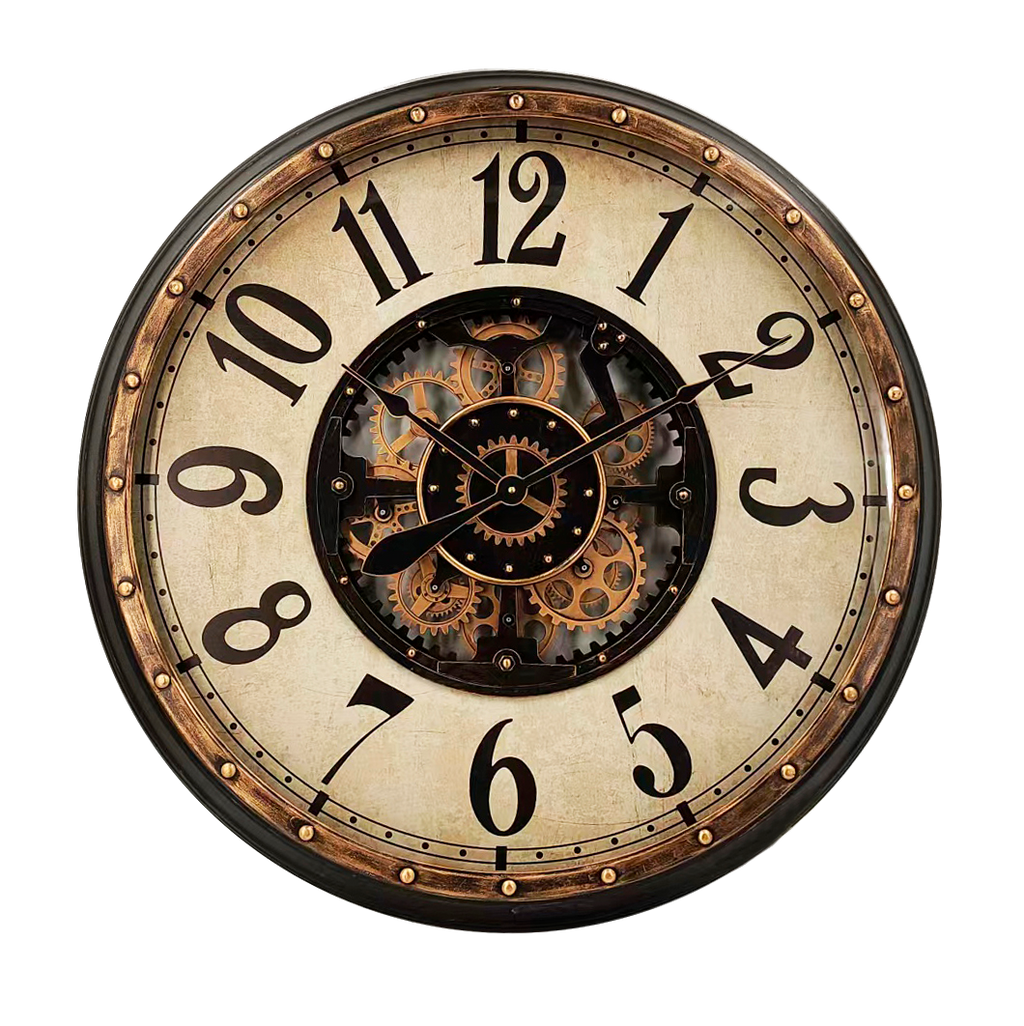 Reloj de Pared Treviso Oro/Negro 83x83x10cm con engranajes visibles, Fabrilamp.