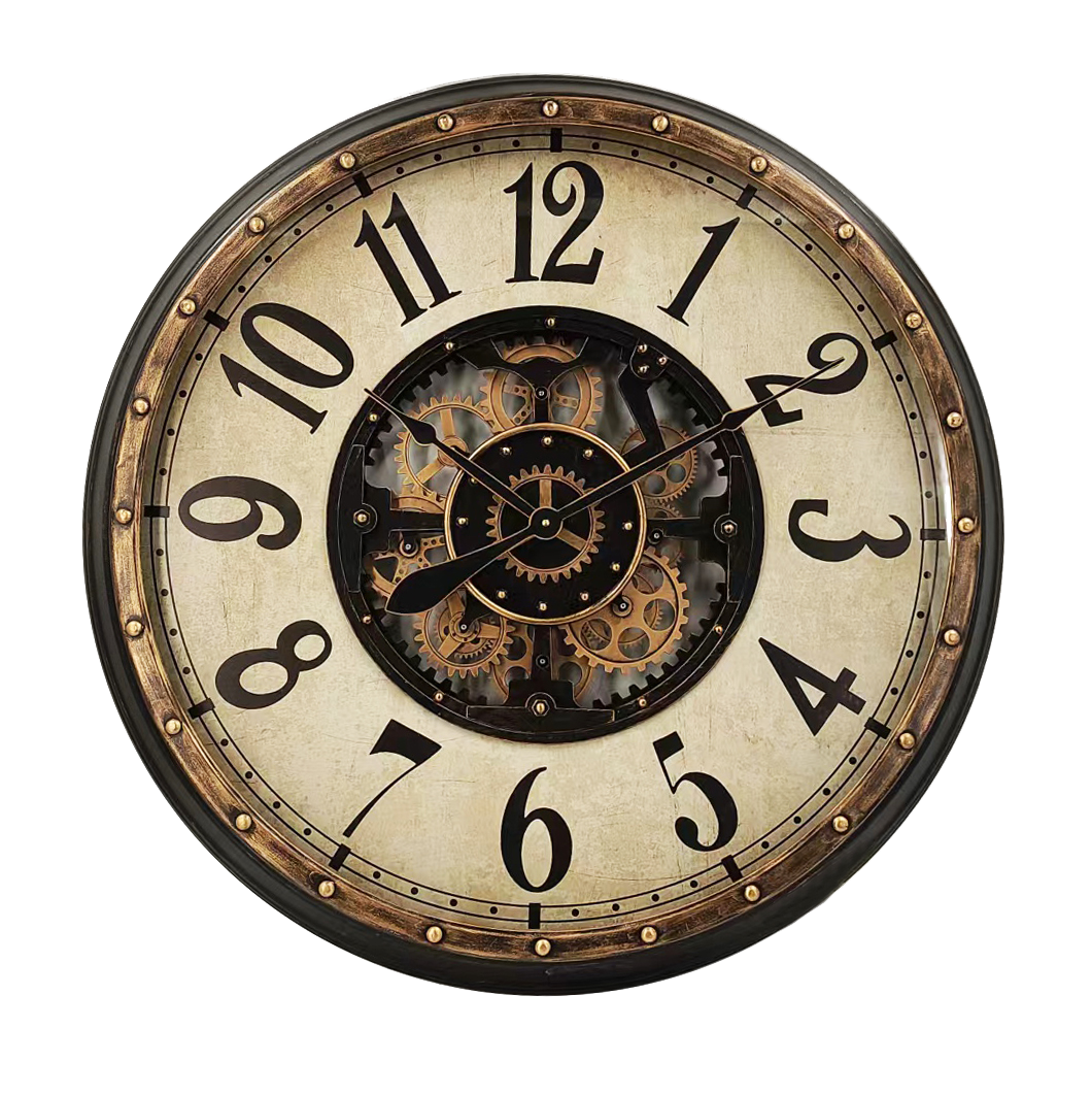 Reloj de Pared Treviso Oro/Negro 83x83x10cm con engranajes visibles, Fabrilamp.