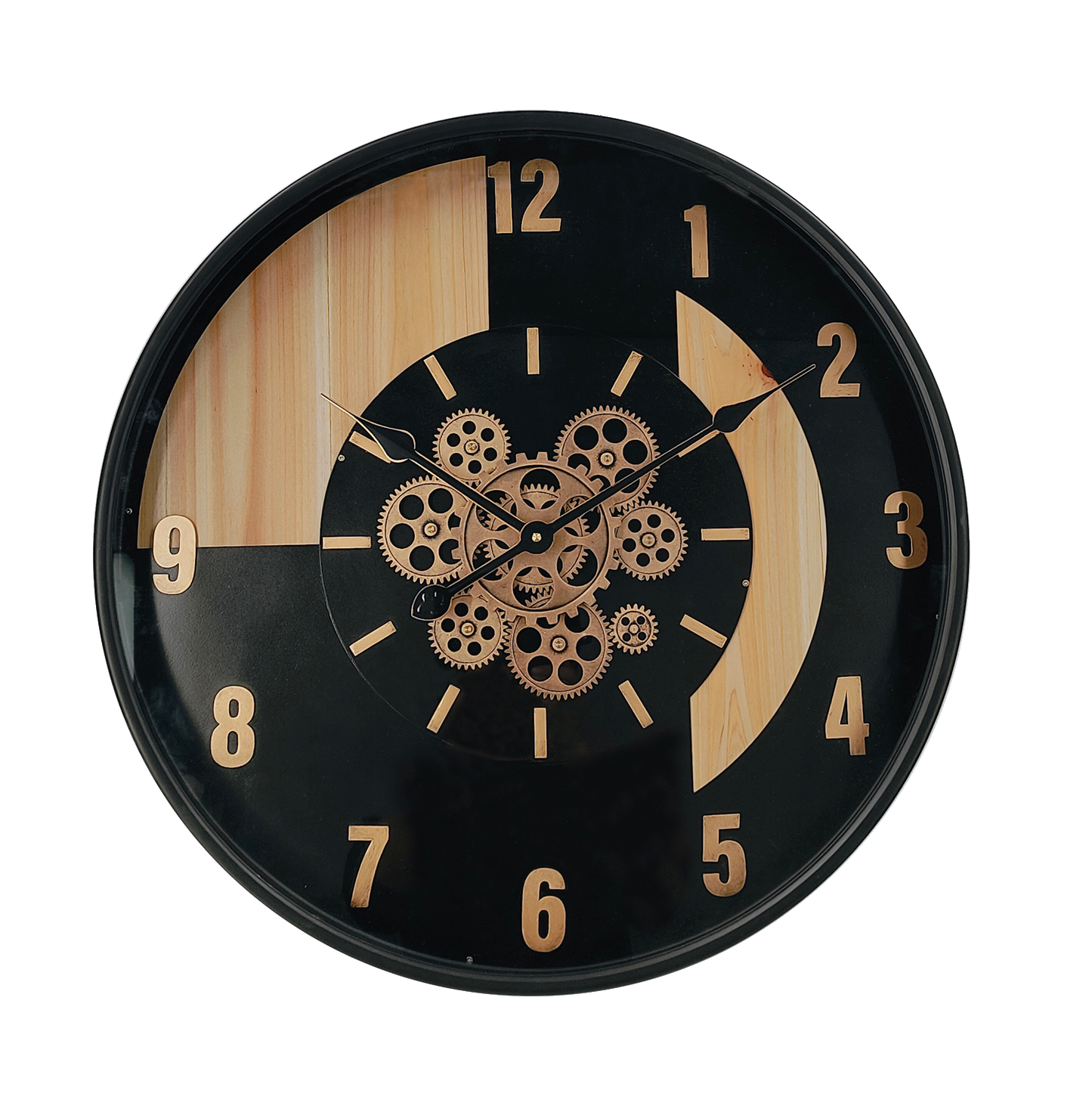Reloj de pared Parma Negro/Haya/Oro de Fabrilamp, diseño vintage con engranajes visibles.