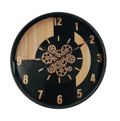Reloj de pared Parma Negro/Haya/Oro de Fabrilamp, diseño vintage con engranajes visibles.
