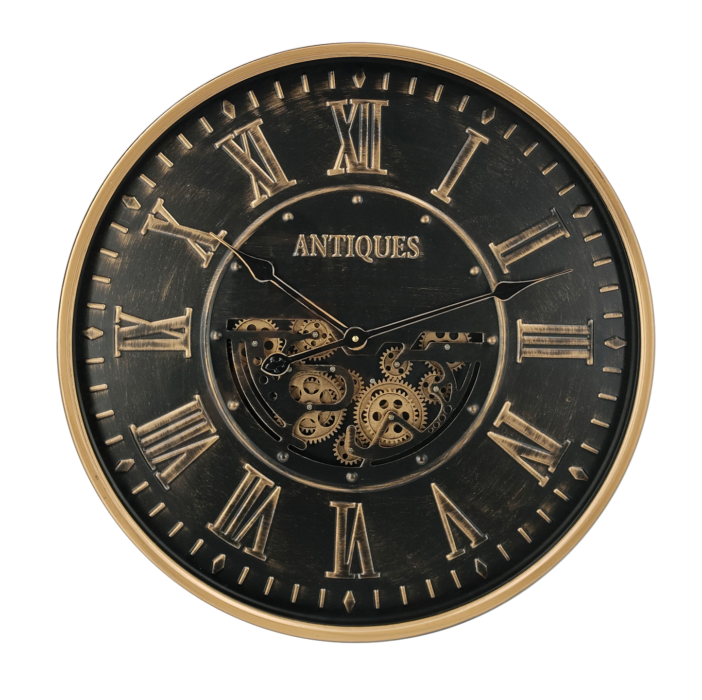 Reloj de pared Trieste Negro/Oro de 60x60x8cm con engranajes visibles, Fabrilamp.