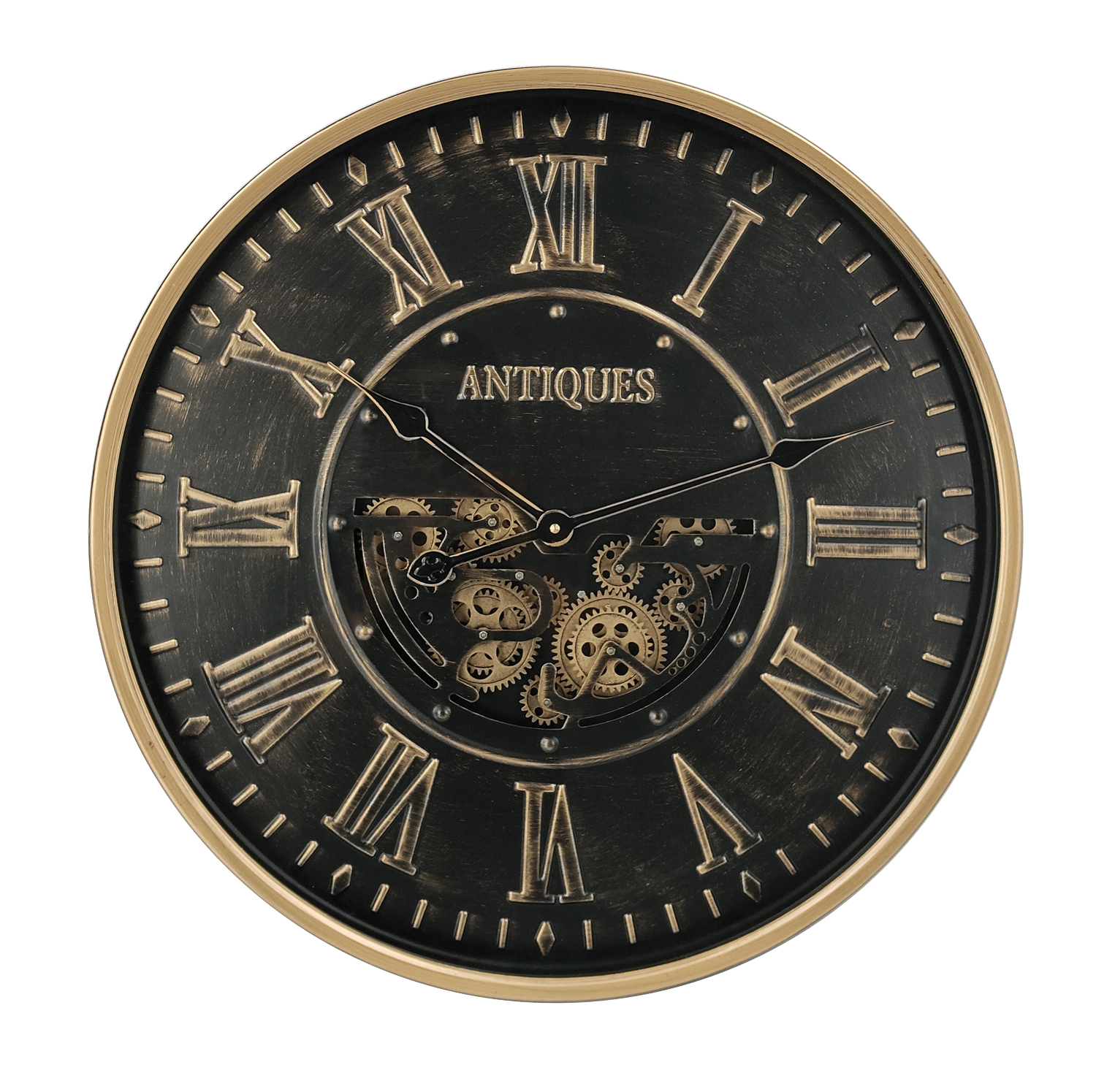 Reloj de pared Trieste Negro/Oro de 60x60x8cm con engranajes visibles, Fabrilamp.