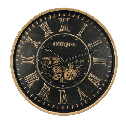 Reloj de pared Trieste Negro/Oro de 60x60x8cm con engranajes visibles, Fabrilamp.