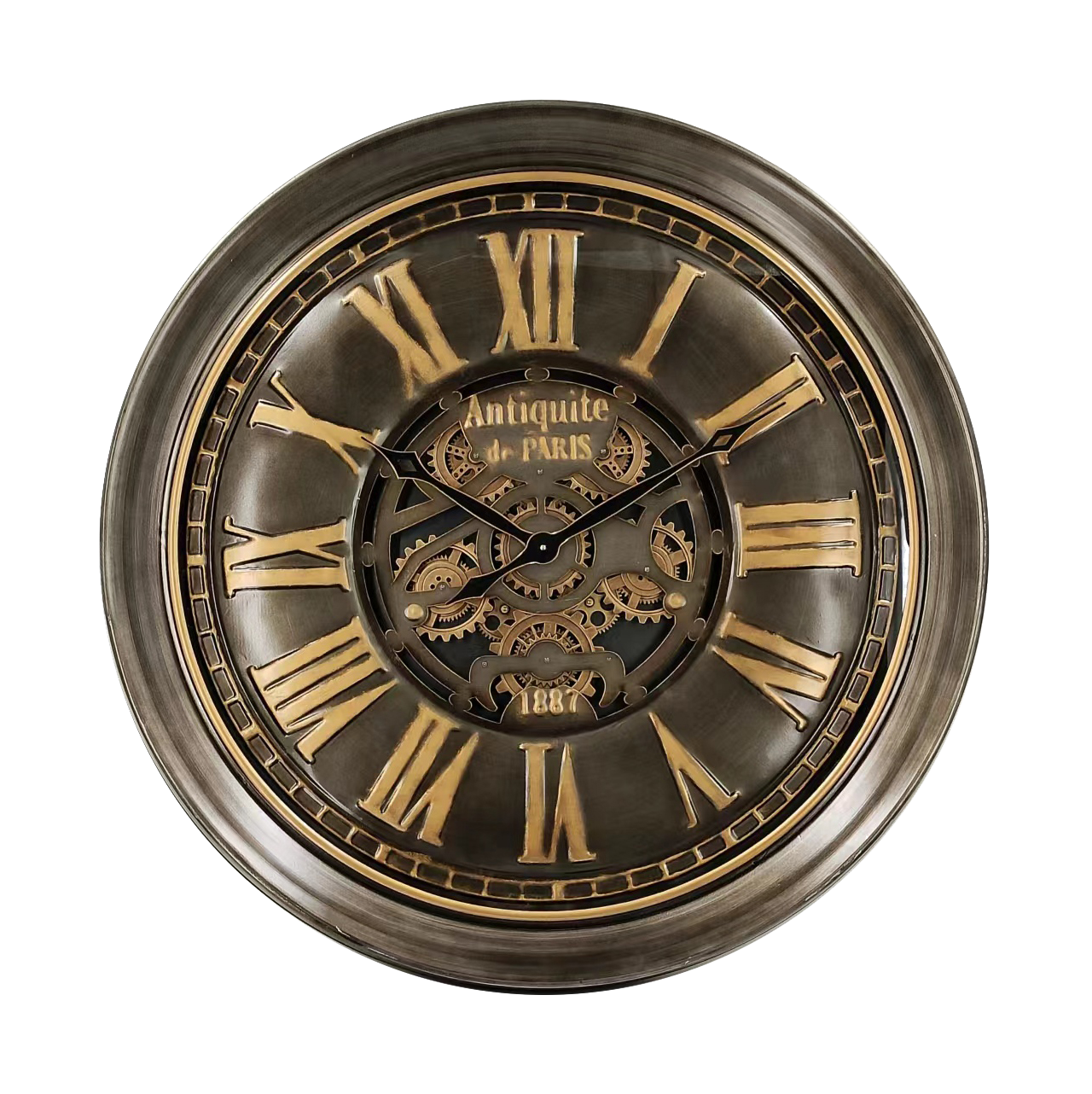 Reloj de pared Genova Oro/Cuero de Fabrilamp, diseño vintage con engranajes visibles.