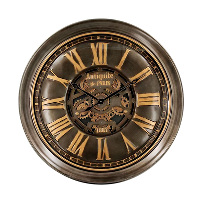 Reloj de pared Genova Oro/Cuero de Fabrilamp, diseño vintage con engranajes visibles.