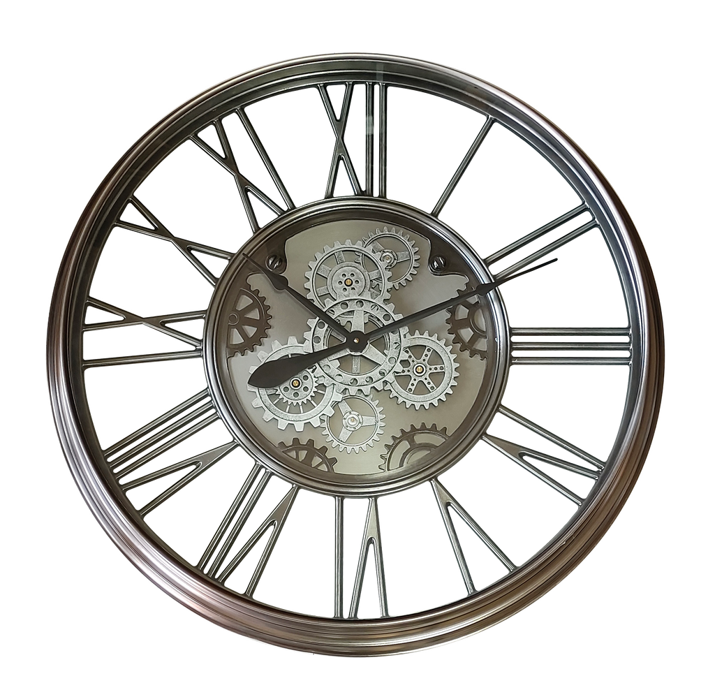 Reloj de pared Turin Níquel 86x86x8,5cm con engranajes en movimiento de Fabrilamp