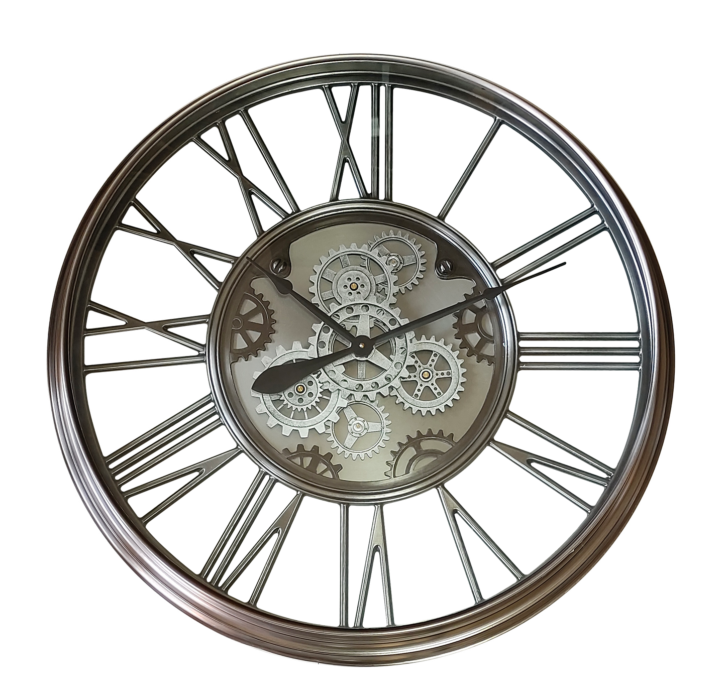 Reloj de pared Turin Níquel 86x86x8,5cm con engranajes en movimiento de Fabrilamp