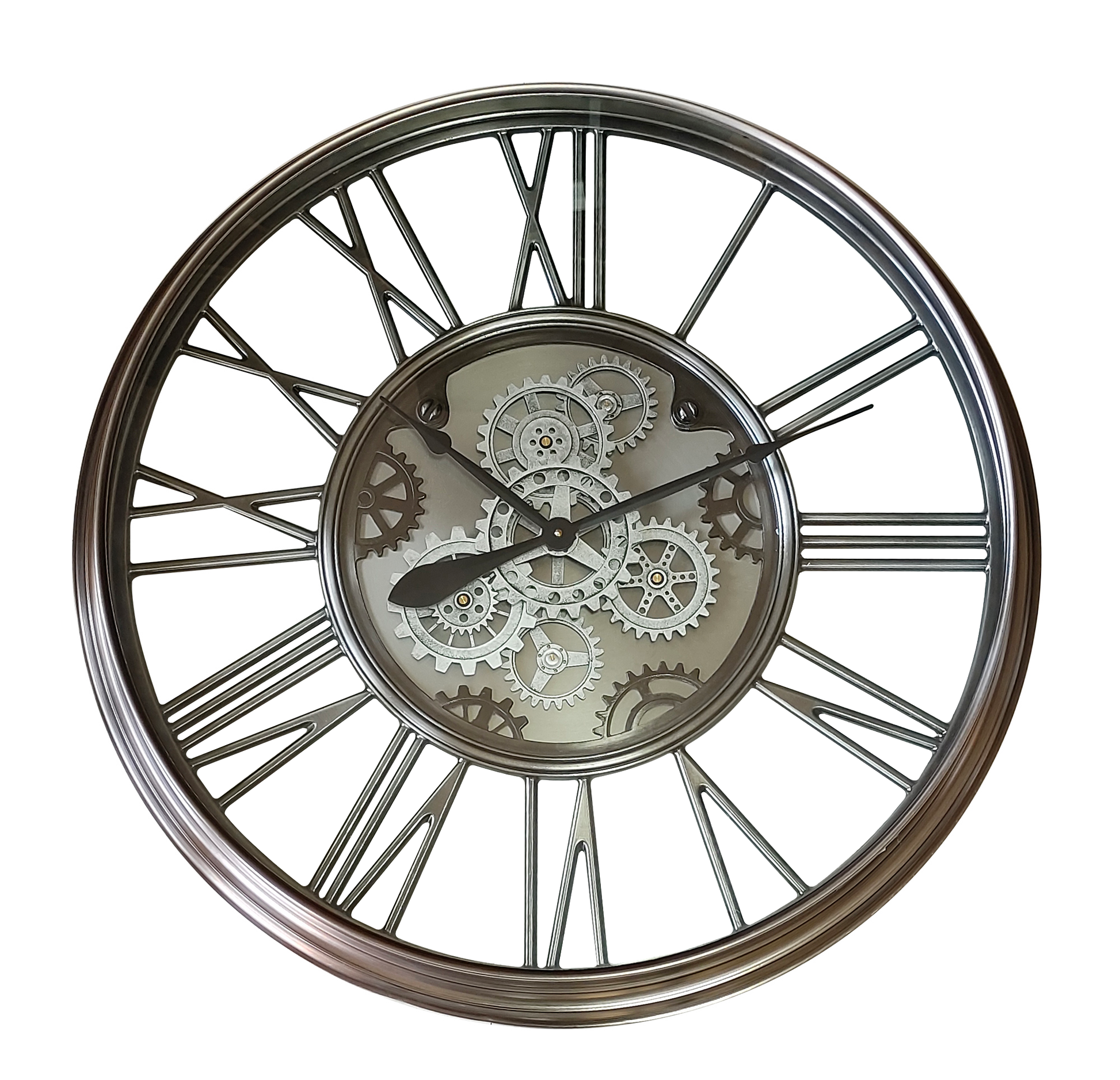 Reloj de pared Turin Níquel 86x86x8,5cm con engranajes en movimiento de Fabrilamp