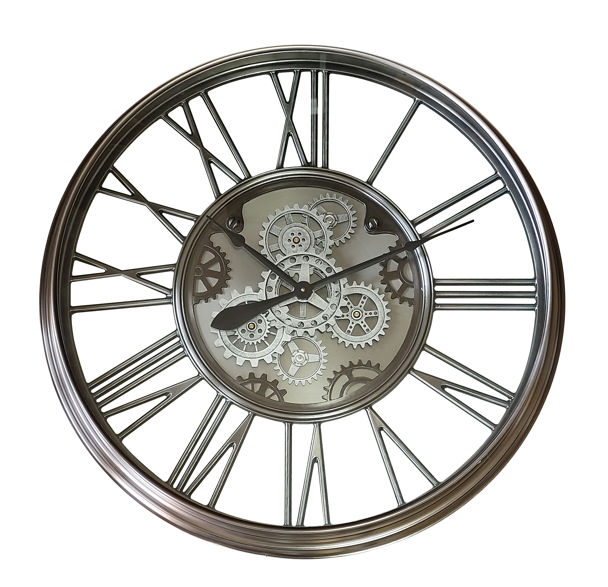 Reloj de pared Turin Níquel 86x86x8,5cm con engranajes en movimiento de Fabrilamp