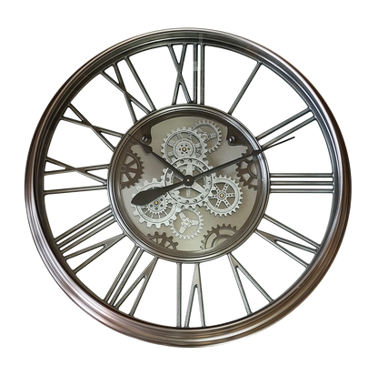 Reloj de pared Turin Níquel 86x86x8,5cm con engranajes en movimiento de Fabrilamp