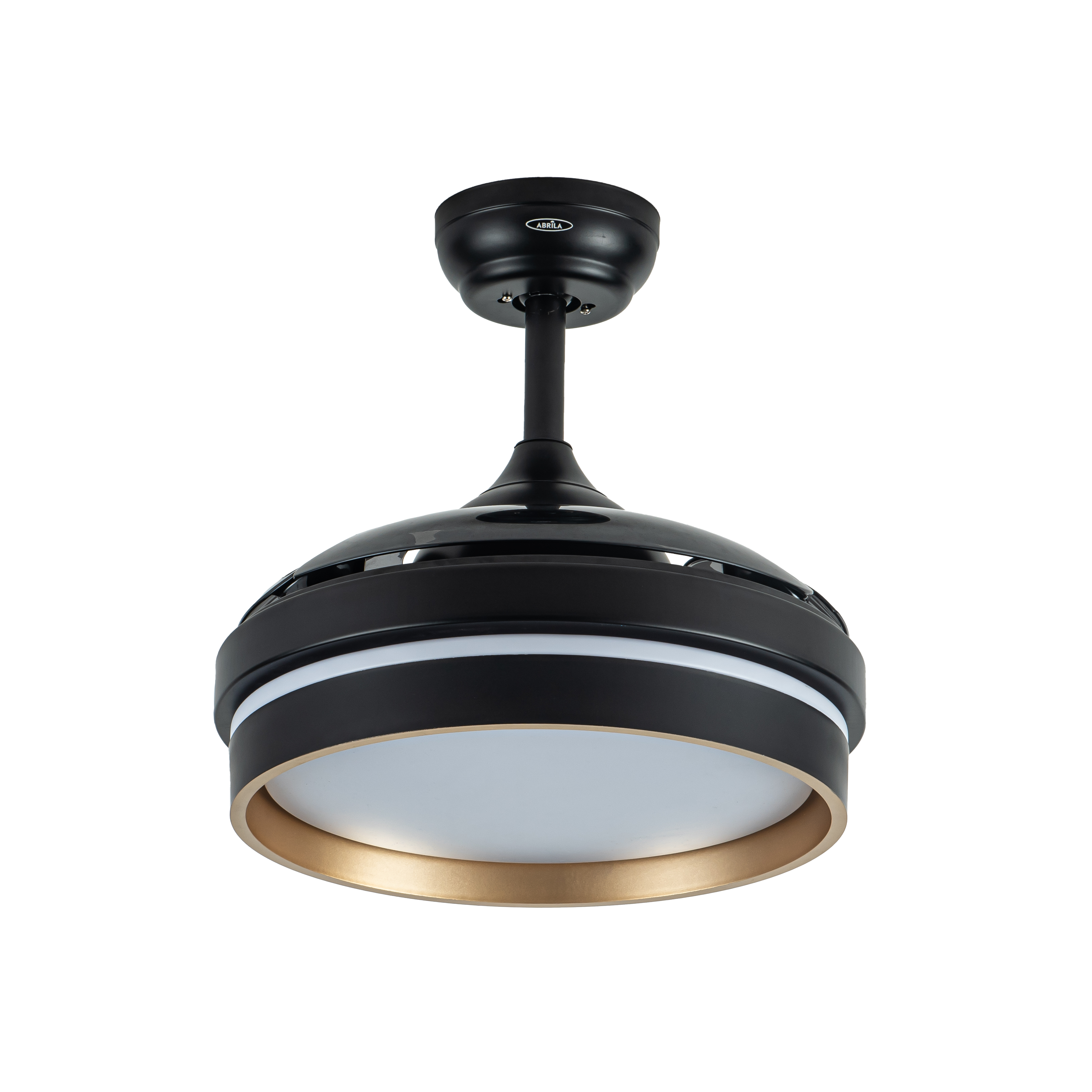 Ventilador de techo negro y oro con mando a distancia, perfecto para interior