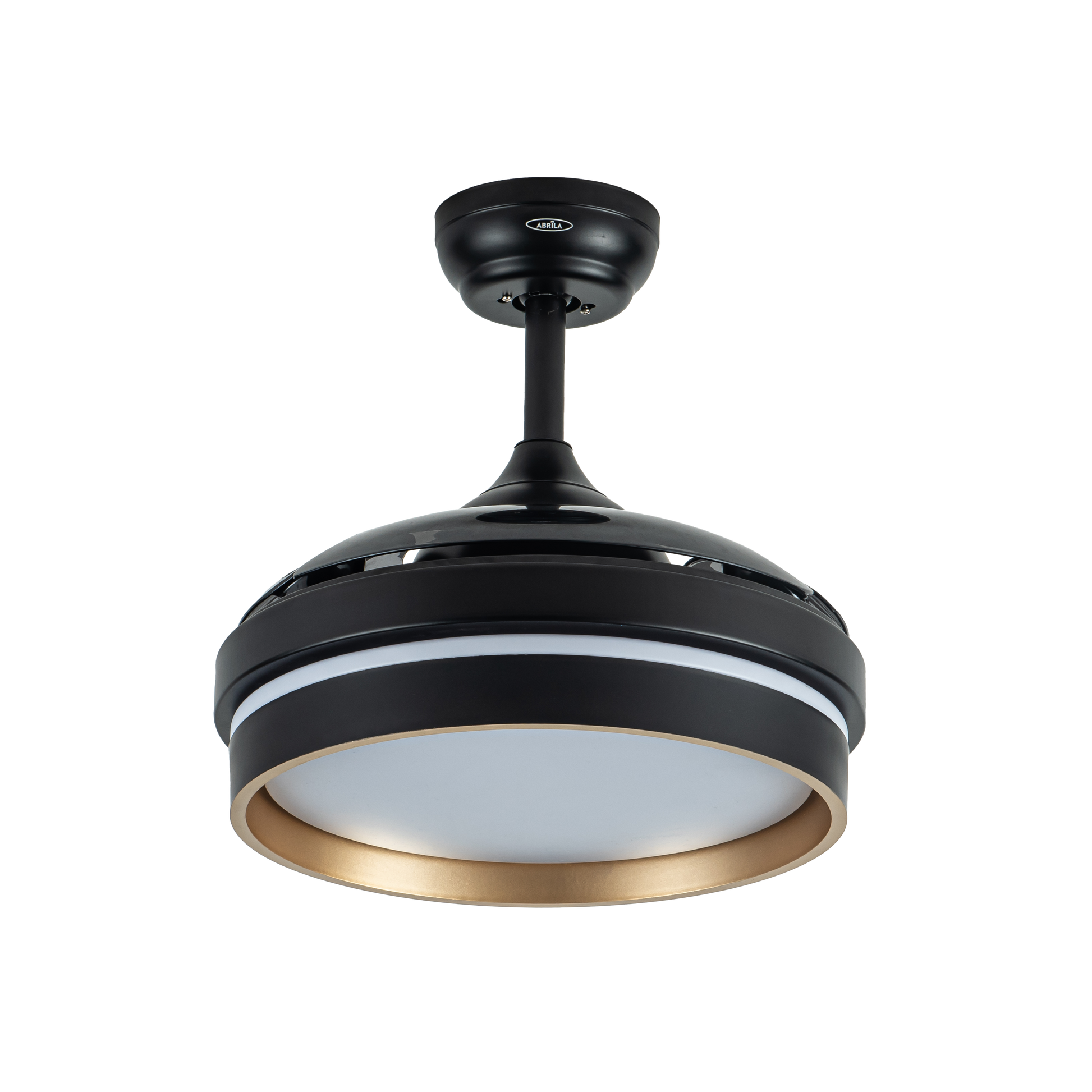 Ventilador de techo negro y dorado con mando a distancia, ideal para comedor