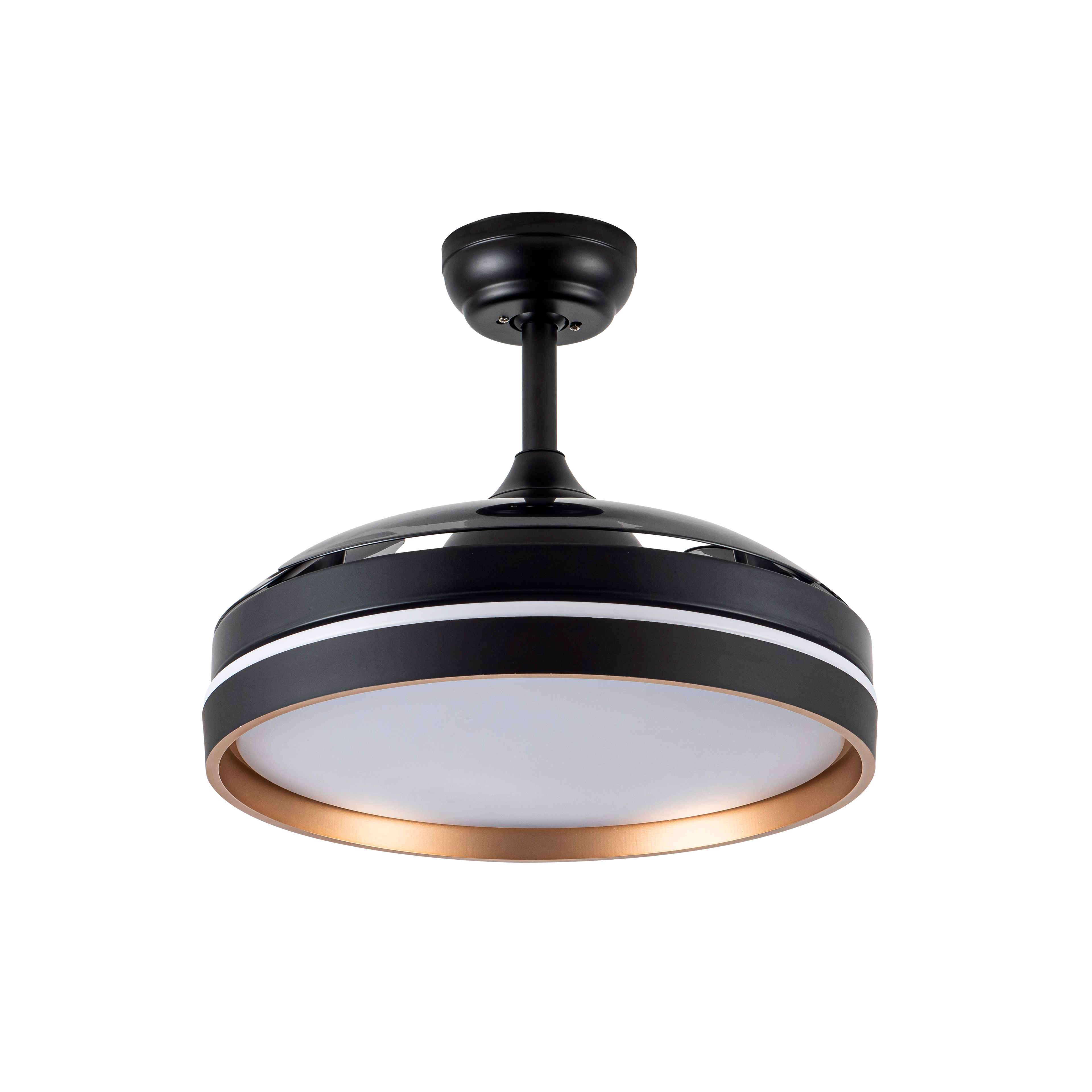 Ventilador de techo Nalon 72W negro y oro, vista general, 3 aspas plegables, luzguru.com