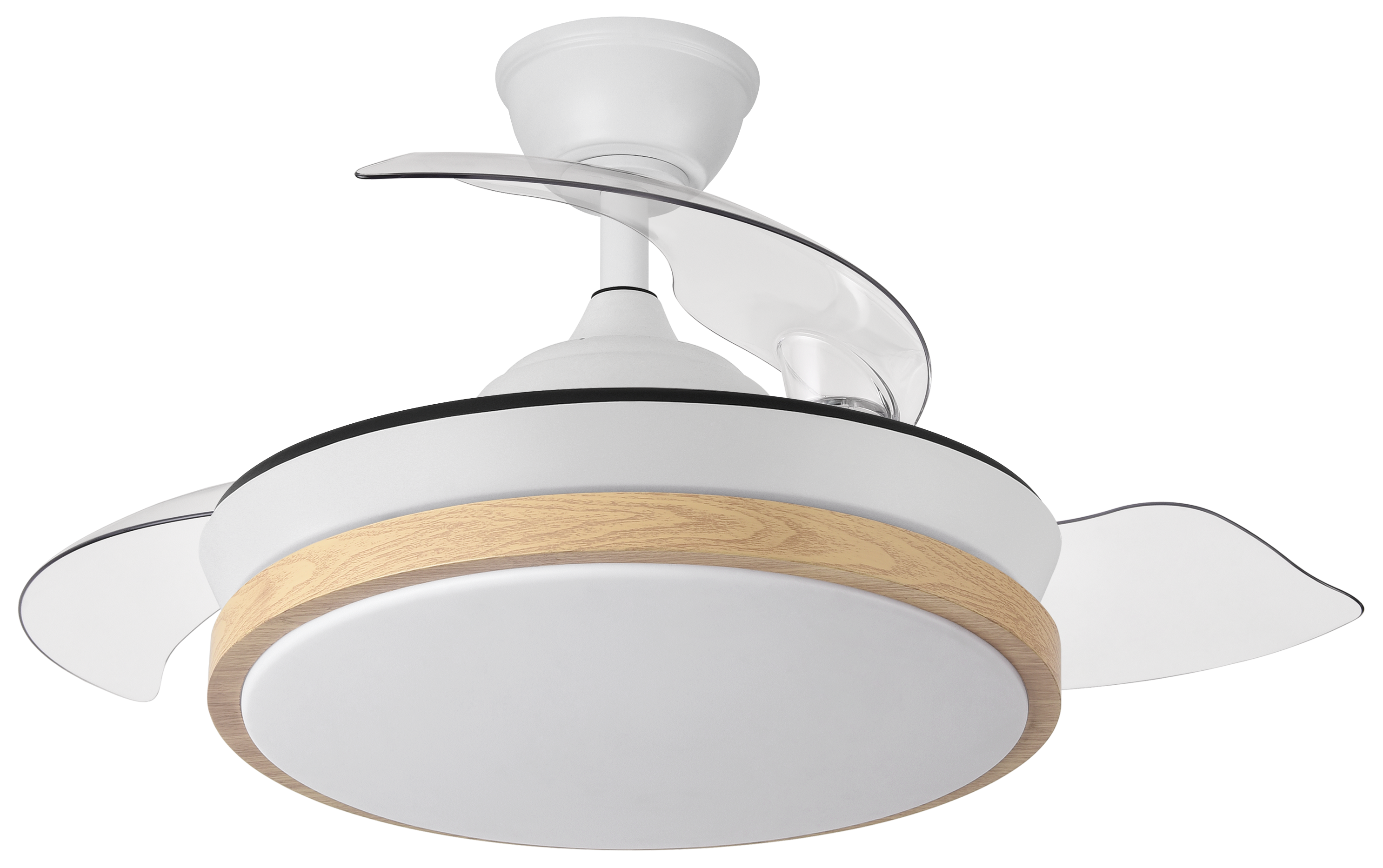 Ventilador de techo Evros Blanco/Haya con aspas retráctiles de Fabrilamp, vista frontal.