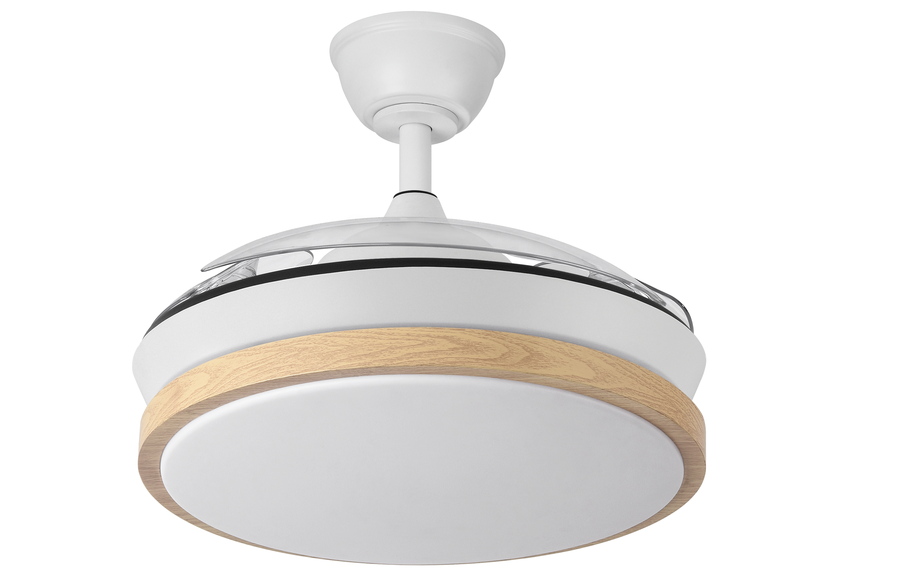 Ventilador de techo Evros Blanco/Haya con aspas retráctiles de Fabrilamp, vista frontal.