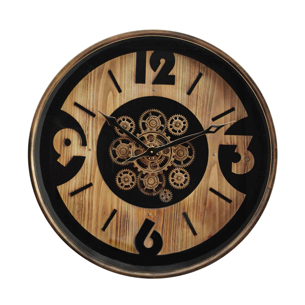 Reloj de pared Almanzora Negro/Haya/Oro de 60cm con engranajes visibles, Fabrilamp.