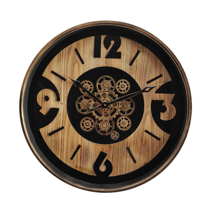 Reloj de pared Almanzora Negro/Haya/Oro de 60cm con engranajes visibles, Fabrilamp.