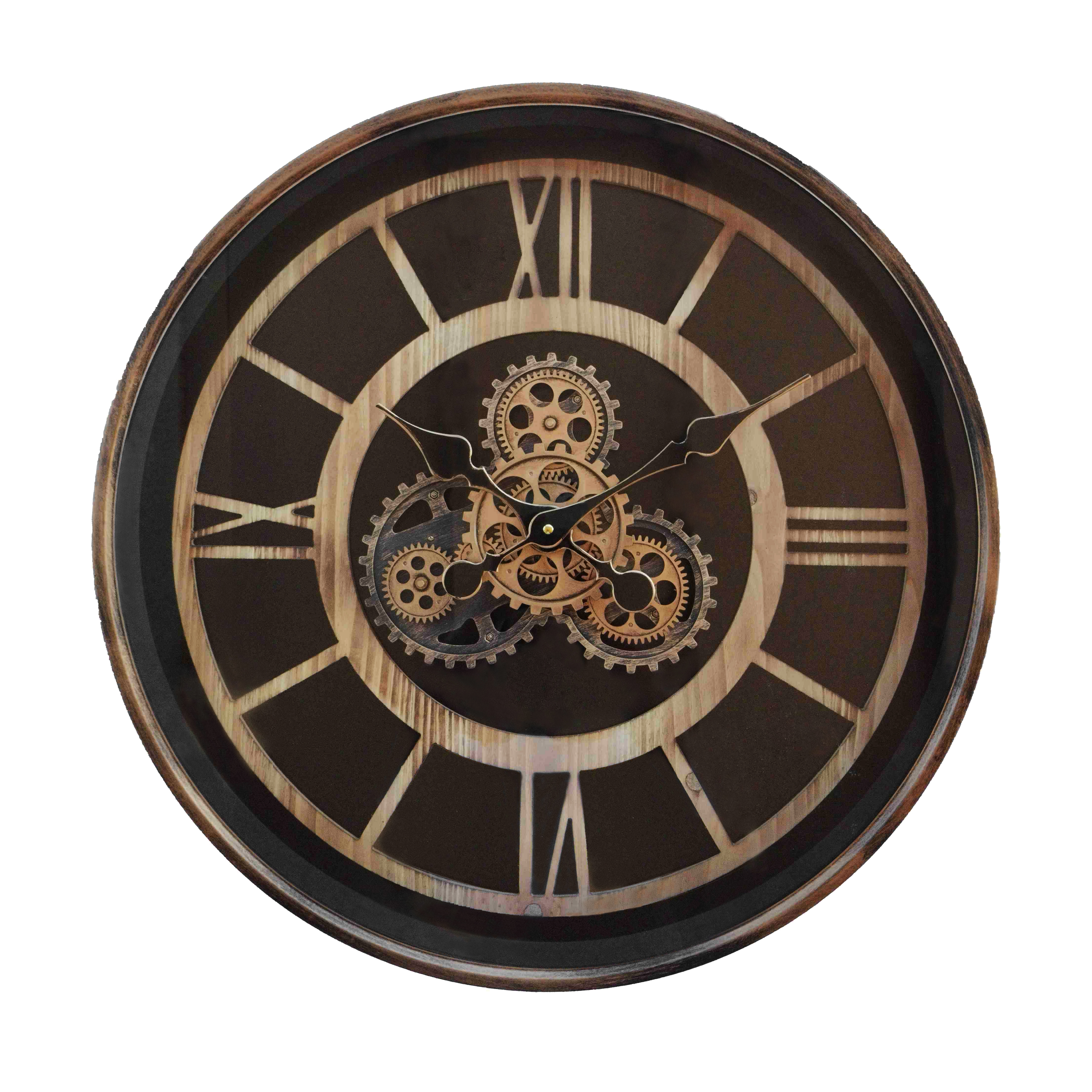 Reloj de pared Durcal Marrón/Haya/Oro de 60cm, diseño clásico con engranajes visibles.