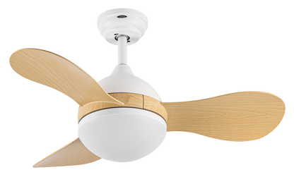 Ventilador de techo DC Sólido 24W blanco y haya de Fabrilamp, con mando a distancia y temporizador.