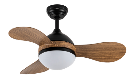 Ventilador de techo DC Sólido negro con aspas de madera, mando a distancia y temporizador. Fabrilamp.