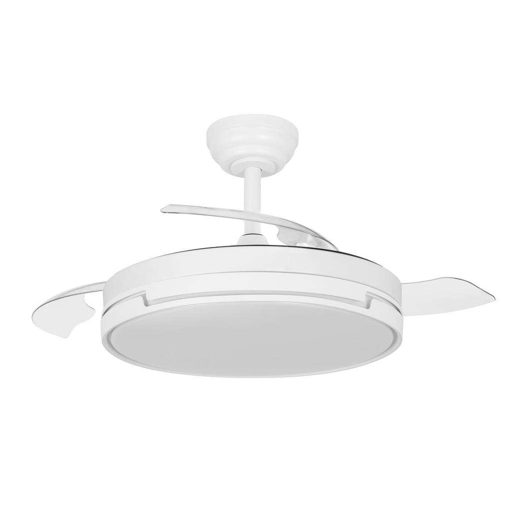 Ventilador Papiro DC 59W Blanco, vista frontal con aspas desplegadas, Fabrilamp