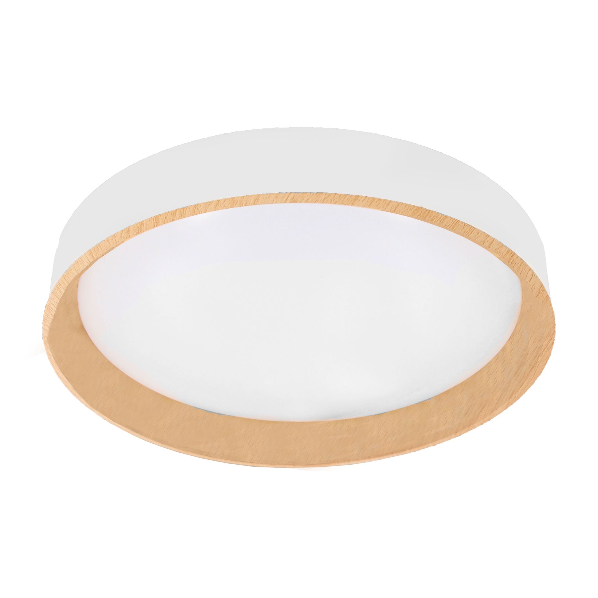 Plafón Morgan fabricado en metal color blanco y haya, ideal para interiores modernos