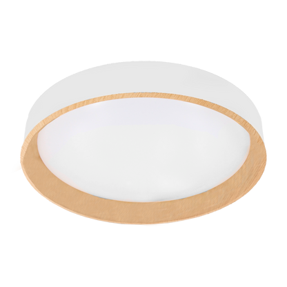 Plafón Morgan fabricado en metal color blanco y haya, ideal para interiores modernos