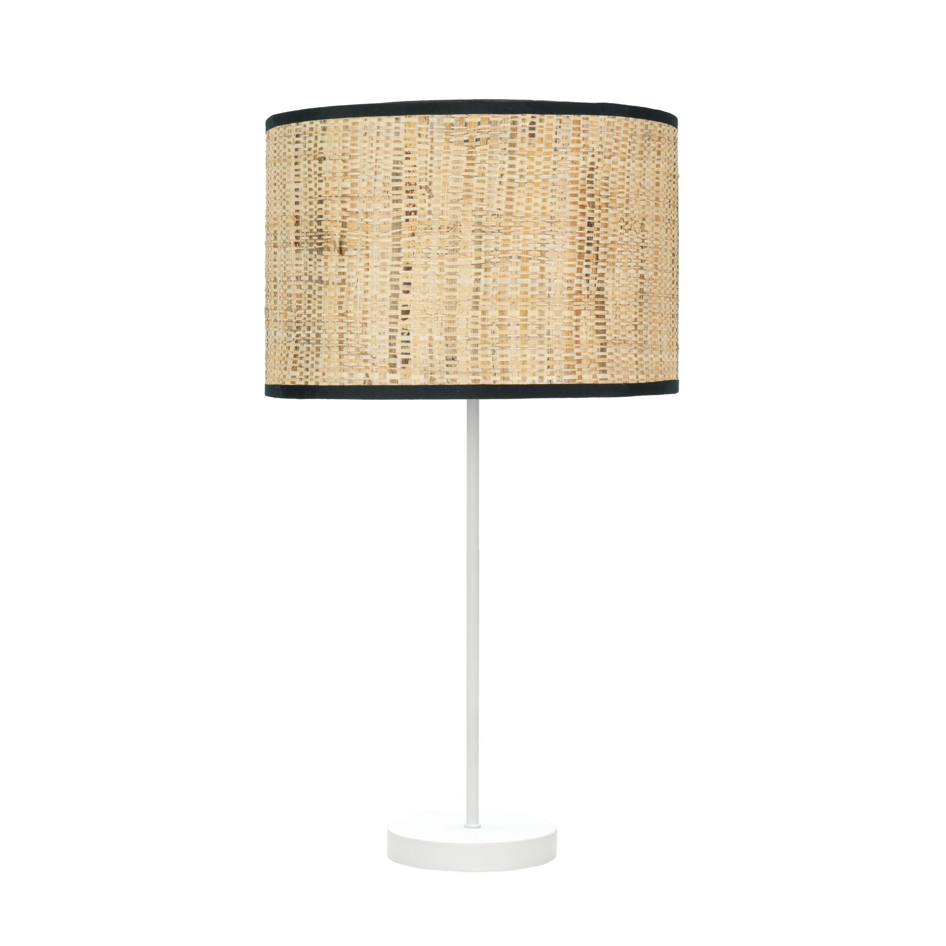 Lámpara de sobremesa Moda fabricada en metal color blanco y pantalla textil cañizo oscuro