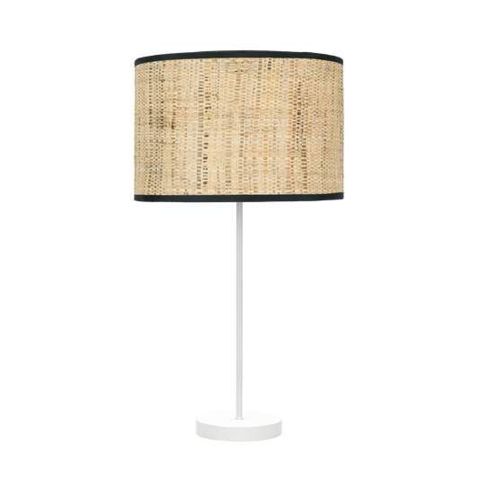 Lámpara de sobremesa Moda fabricada en metal color blanco y pantalla textil cañizo oscuro