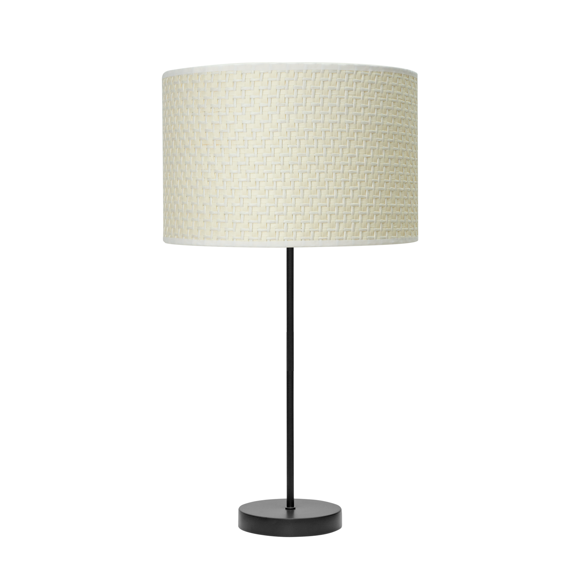 Lámpara fabricada en metal y textil color negro y cañizo blanco